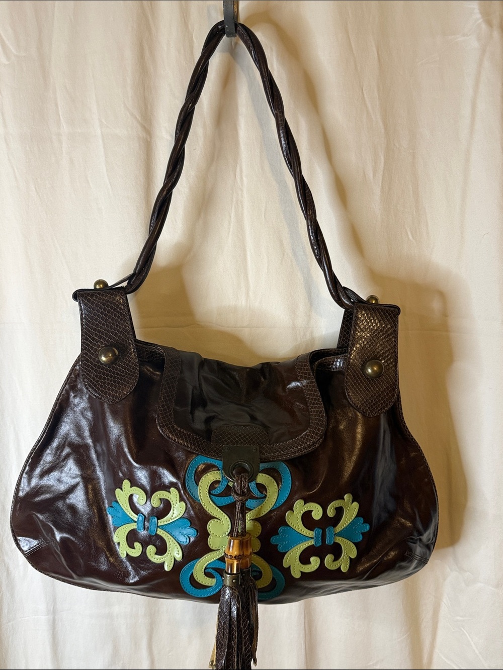 Kate Landry Dark Brown Shoulder Bag with Teal & Lime Appliqué
